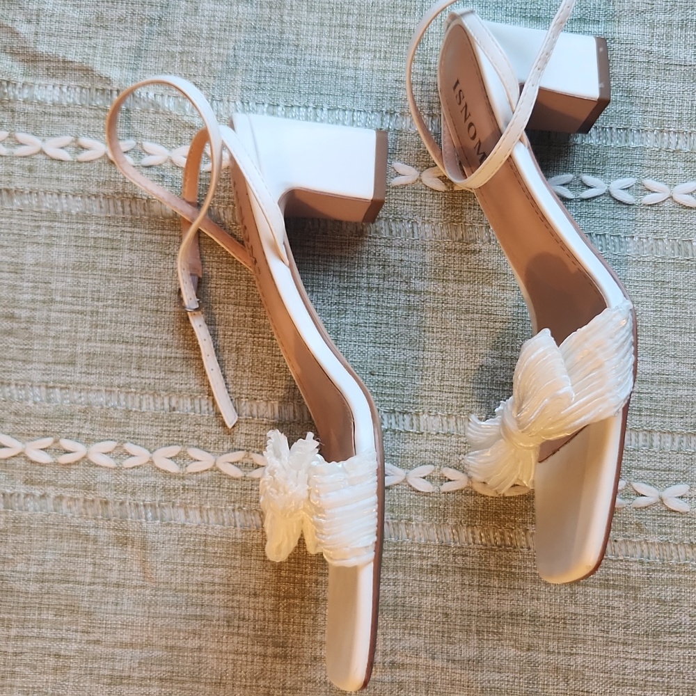 White Bow Knot Chunky Block Heeled Ankle Sandals, Open Toe, 10 - Picture 11 of 16